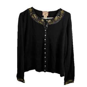 Vintage April Cornell Black Cardigan Sweater Sz L Floral Embroidered Cotton